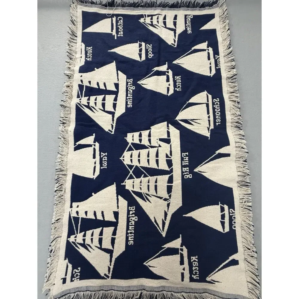 Nautical Sailboat Woven Throw Blanket Navy Blue Maritime Sailing Fringe Tapestry